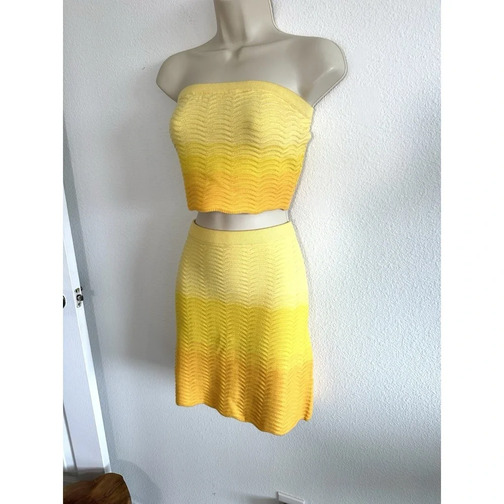 Camila Coelho 2 Piece Set‎ Yellow Ombre Knit Tube Top & Skirt XL Resort Festival
